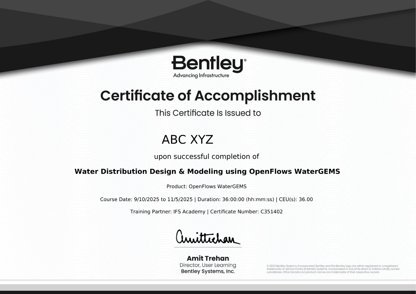 Sample Bentley Systems Authorised Course Completion Certificate Sample Bentley Systems Authorised Course Completion Certificate