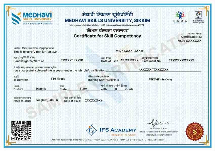 Medhavi Skills University Sample Certificate