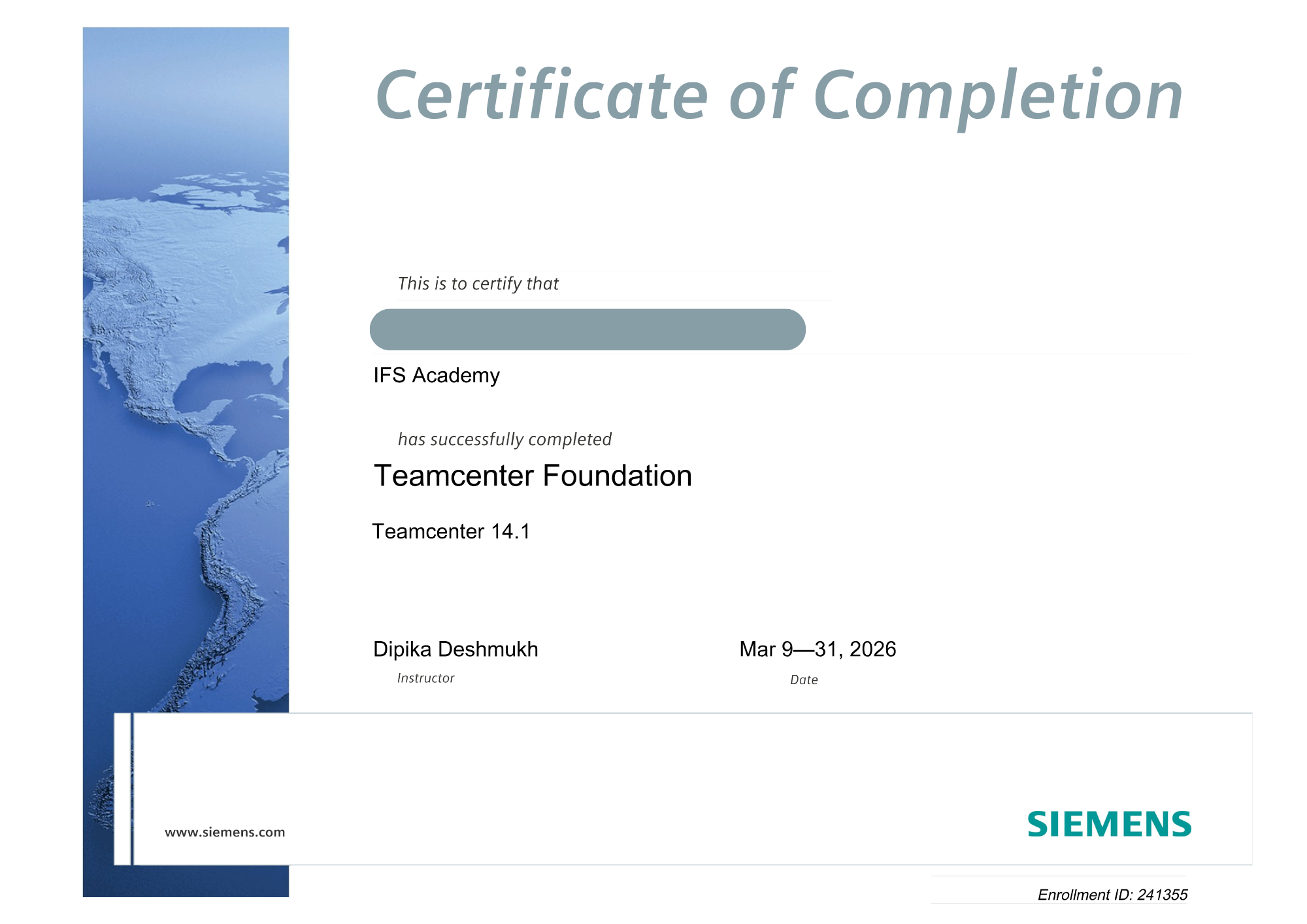 Teamcenter Foundation Sample Certificate - SIEMENS PLM Authorised - IFS Academy